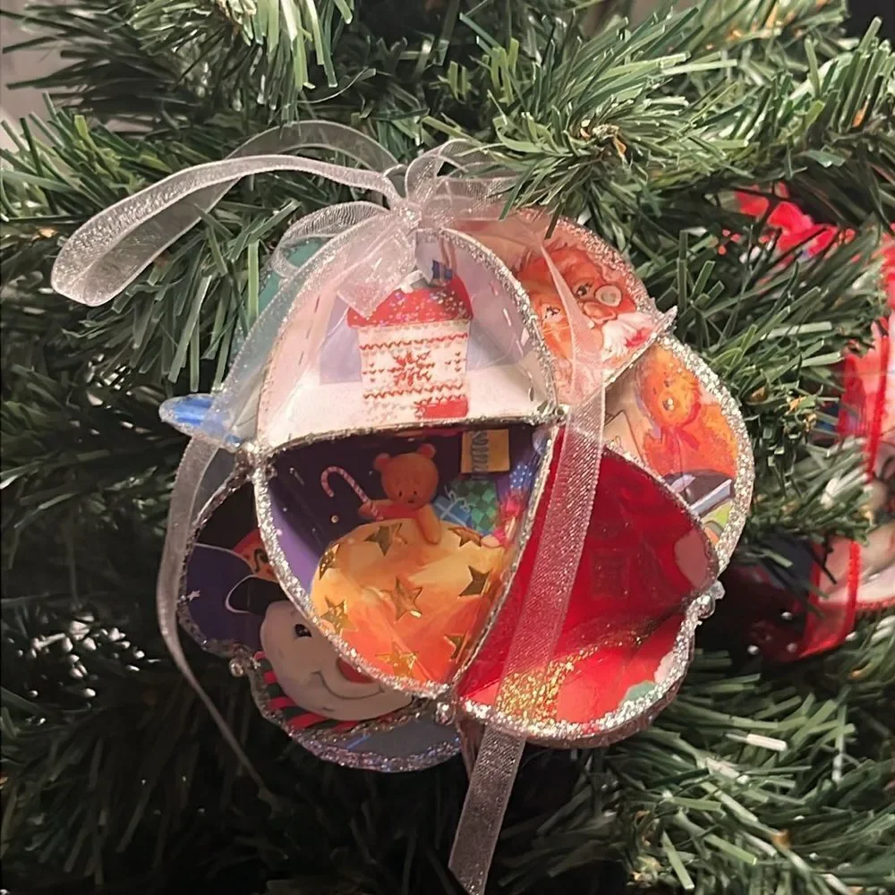 Recycled Christmas Cards Handmade Ornaments Set of two- Diameter 4”